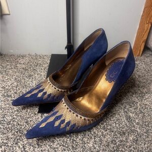 Aldo Navy Pointed Suede Heels with Gold Embellishment